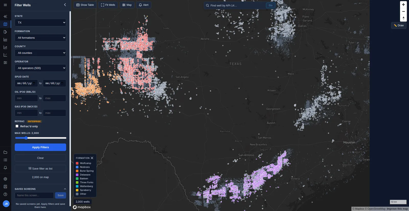 WellStrata Wells Explorer — interactive map with formation-colored wells, filters, and a screener table